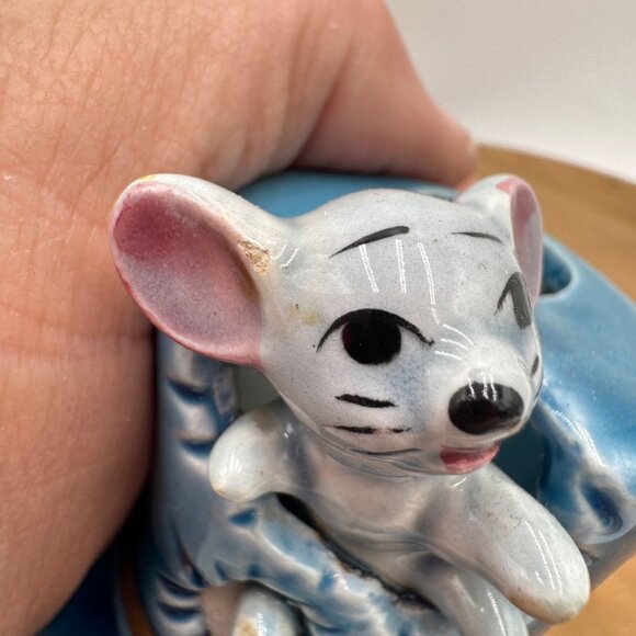 Vintage Mouse in Blue Hat Toothpick Holder Stamped on bottom Japan blue gray - Picture 9 of 12